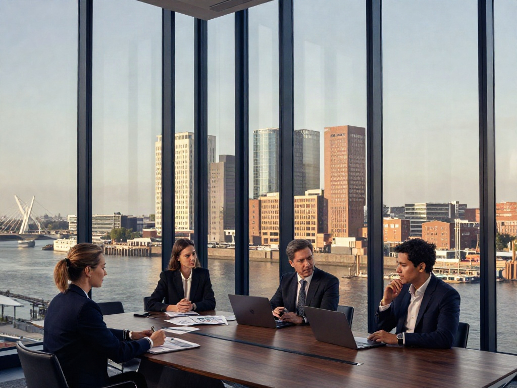 Executives sharing perspectives in a Rotterdam boardroom overlooking the city